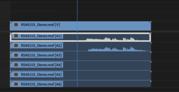 Tracks 1+2 are on separate tracks. Stereo tracks in Premiere sit on one track.